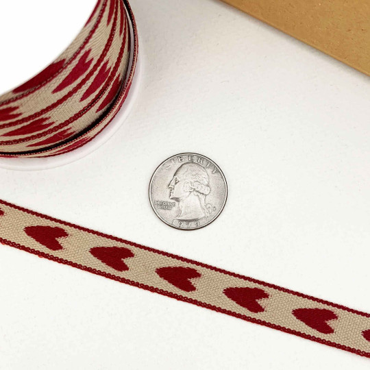 Burgundy Hearts Linen Ribbon Trim ~ Sweden ~ 12 mm wide