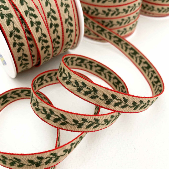 Dark Green Vine on Natural Ribbon Trim ~ Sweden ~ 13 mm wide