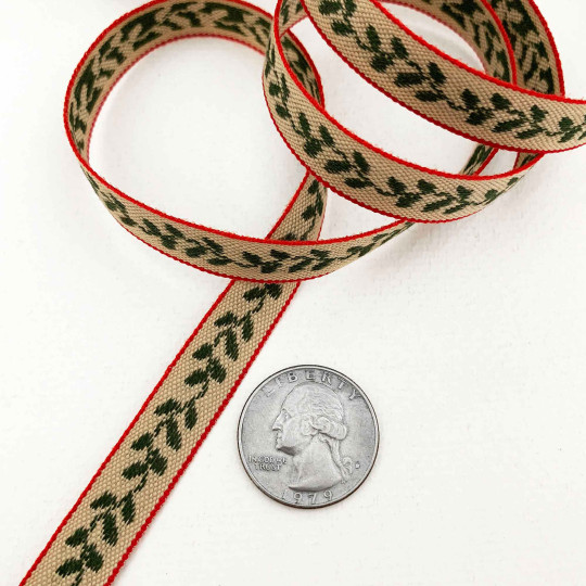 Dark Green Vine on Natural Ribbon Trim ~ Sweden ~ 13 mm wide
