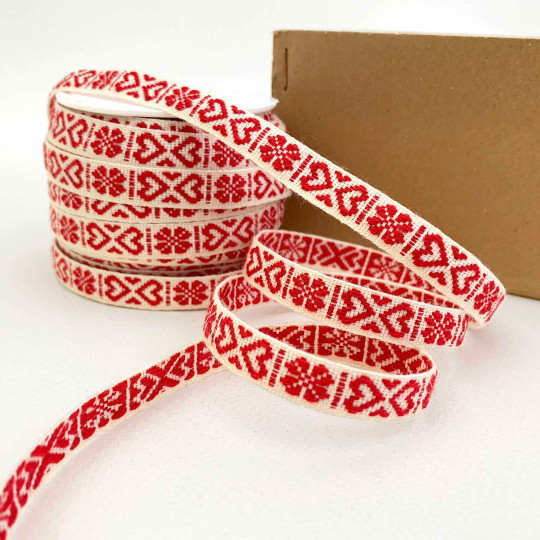 Red Hearts on Ivory Ribbon Trim ~ Sweden ~ 11 mm wide