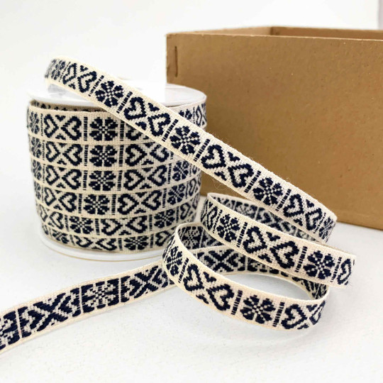 Navy Hearts on Ivory Ribbon Trim ~ Sweden ~ 11 mm wide