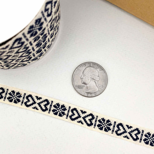 Navy Hearts on Ivory Ribbon Trim ~ Sweden ~ 11 mm wide