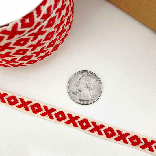 Red X and O on Ivory Ribbon Trim ~ Sweden ~ 8 mm wide