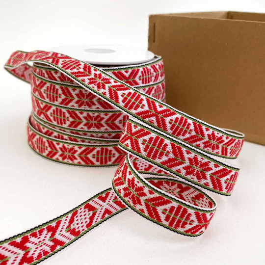 Red, White and Green Nordic Folkloric Costume Trim ~ Sweden ~ 15 mm wide