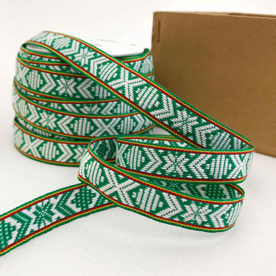Green and White Nordic Folkloric Costume Trim ~ Sweden ~ 15 mm wide