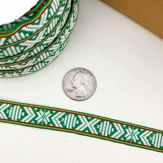 Green and White Nordic Folkloric Costume Trim ~ Sweden ~ 15 mm wide