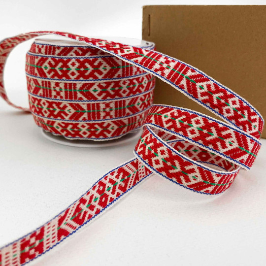 Red, White and Green Nordic Folkloric Costume Trim ~ Sweden ~ 15 mm wide