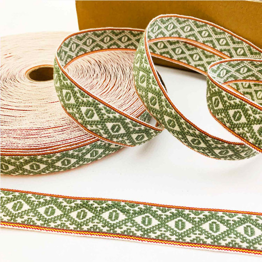 Green Geometric Folkloric Costume Trim ~ Sweden ~ 25 mm wide