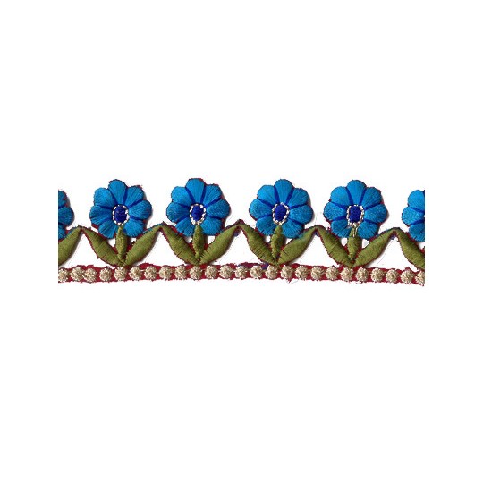 Turquoise and Green Flower Embroidered Cutwork Trim ~ India ~ 1-1/4" wide