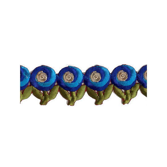 Blue and Turquoise Swirl Flower Embroidered Cutwork Trim ~ India ~ 1-3/8" wide