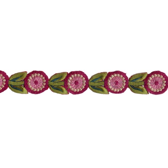 Mauve and Green Round Flower Embroidered Cutwork Trim ~ India ~ 1-1/8" wide