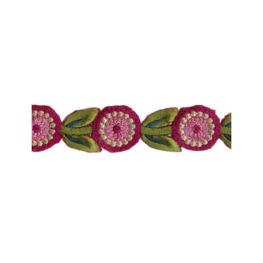 Mauve and Green Round Flower Embroidered Cutwork Trim ~ India ~ 1-1/8" wide