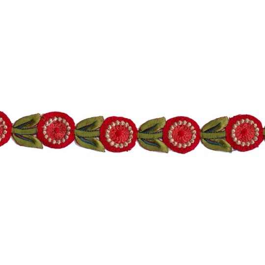Red and Green Round Flower Embroidered Cutwork Trim ~ India ~ 1-1/8" wide