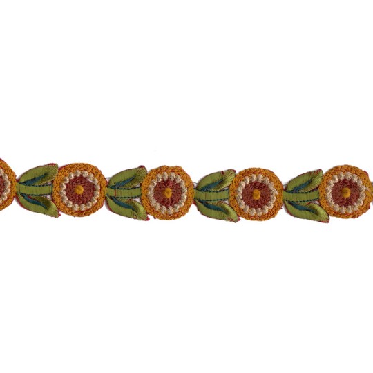 Golden Yellow and Green Round Flower Embroidered Cutwork Trim ~ India ~ 1-1/8" wide