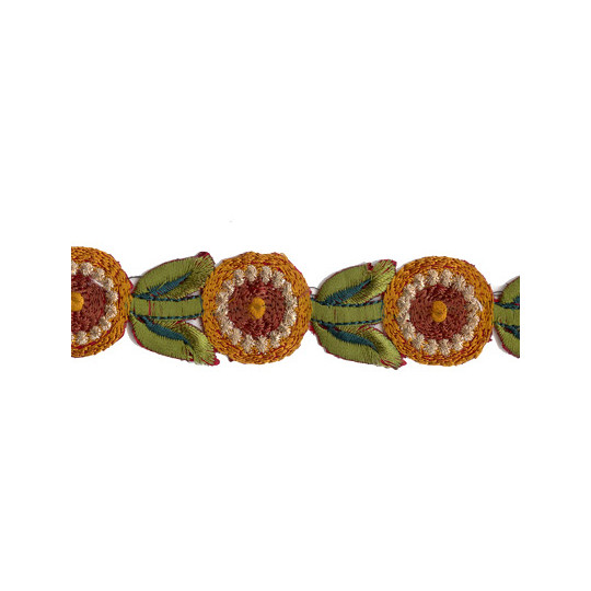 Golden Yellow and Green Round Flower Embroidered Cutwork Trim ~ India ~ 1-1/8" wide