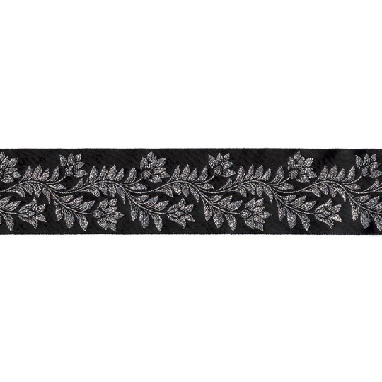Black and Silver Flower and Leaf Metallic Trim ~ India ~ 1-5/8" wide