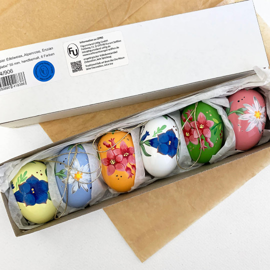 Set of 6 Large Alpine Flowers Floral Wooden Easter Egg Ornaments ~ Made in Erzgebirge Germany 