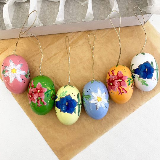 Set of 6 Large Alpine Flowers Floral Wooden Easter Egg Ornaments ~ Made in Erzgebirge Germany 