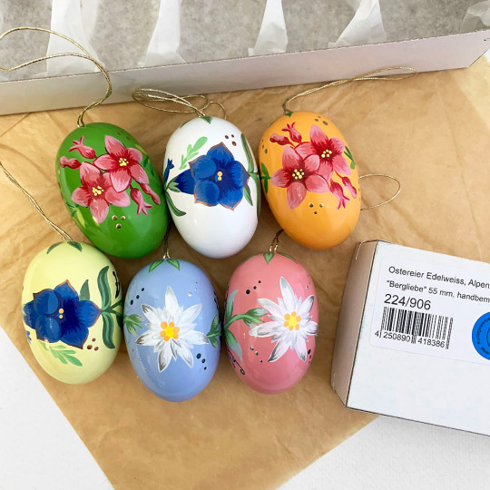 Set of 6 Large Alpine Flowers Floral Wooden Easter Egg Ornaments ~ Made in Erzgebirge Germany 