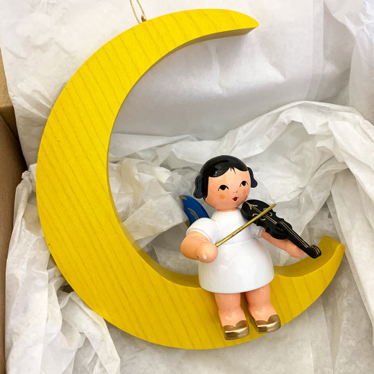 XL Wooden Angel with Violin on Yellow Star Made in Erzgebirge Germany ~ Blue Wings
