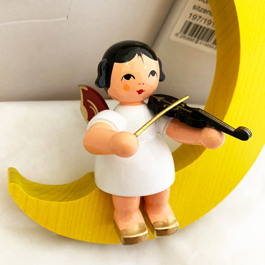 XL Wooden Angel with Violin on Yellow Star Made in Erzgebirge Germany ~ Red Wings