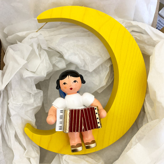 XL Wooden Angel with Accordion on Yellow Star Made in Erzgebirge Germany ~ Blue Wings