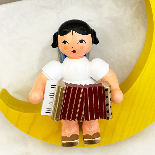 XL Wooden Angel with Accordion on Yellow Star Made in Erzgebirge Germany ~ Blue Wings