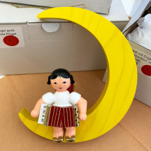XL Wooden Angel with Accordion on Yellow Star Made in Erzgebirge Germany ~ Red Wings
