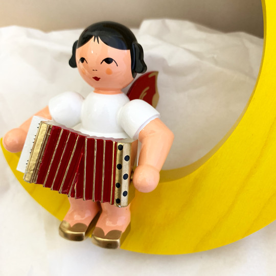 XL Wooden Angel with Accordion on Yellow Star Made in Erzgebirge Germany ~ Red Wings