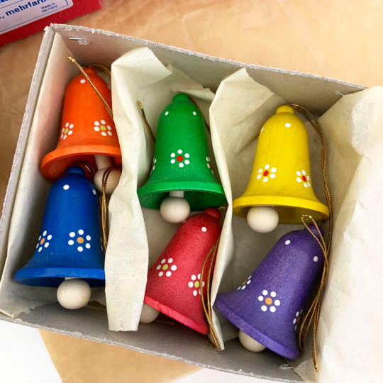 Set of 6 Colorful Wooden Flower Bell Ornaments ~ Made in Erzgebirge Germany 