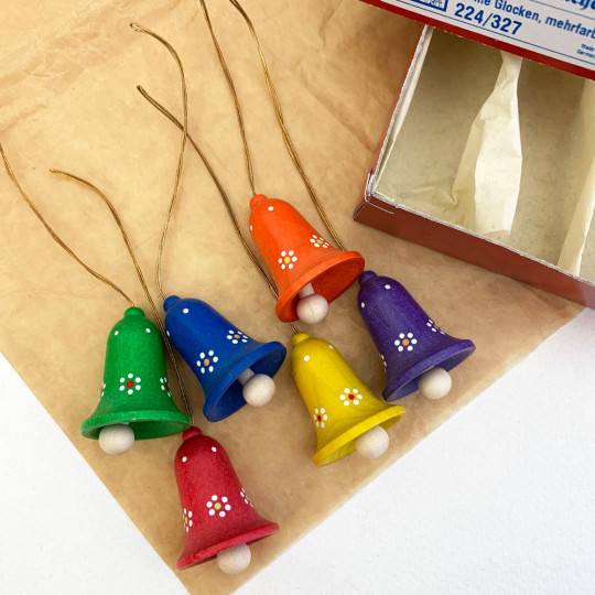 Set of 6 Colorful Wooden Flower Bell Ornaments ~ Made in Erzgebirge Germany 