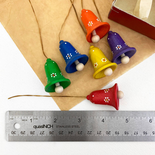 Set of 6 Colorful Wooden Flower Bell Ornaments ~ Made in Erzgebirge Germany 