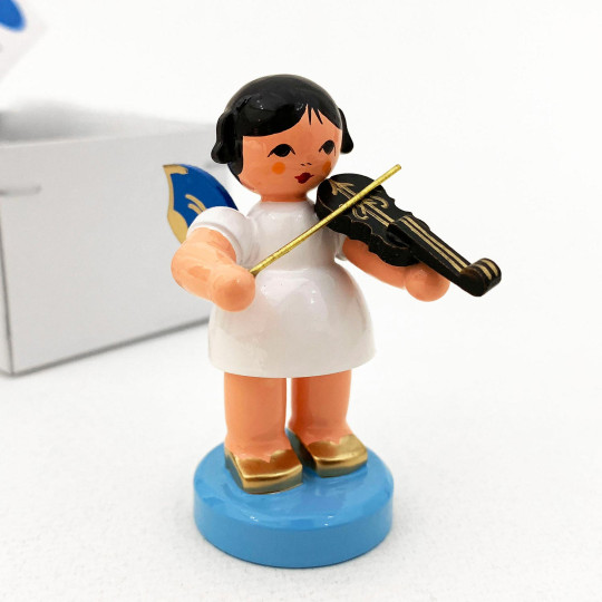 Wooden Angel with Violin Made in Erzgebirge Germany ~ Blue Wings
