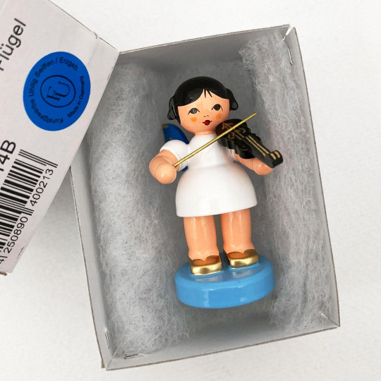 Wooden Angel with Violin Made in Erzgebirge Germany ~ Blue Wings