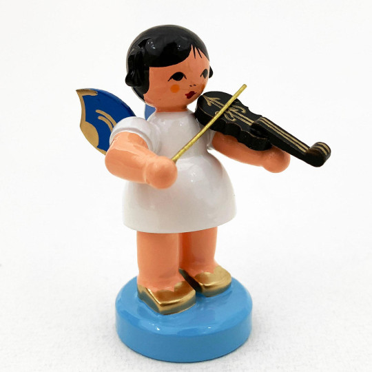 Wooden Angel with Violin Made in Erzgebirge Germany ~ Blue Wings