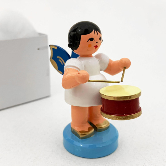 Wooden Angel Playing Drum Made in Erzgebirge Germany ~ Blue Wings