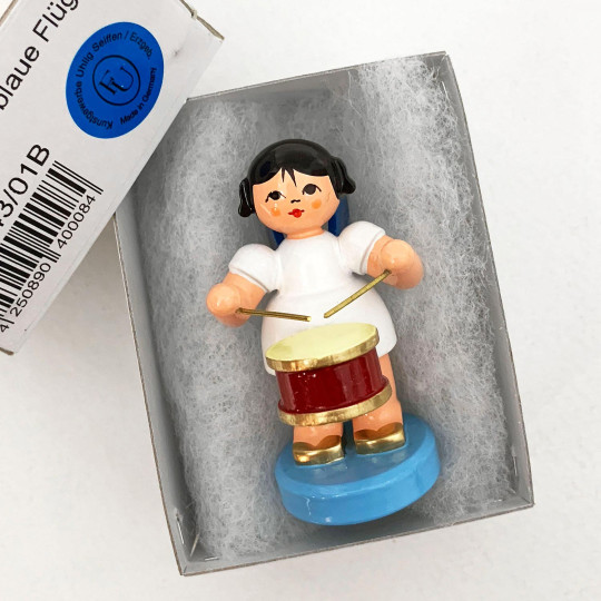 Wooden Angel Playing Drum Made in Erzgebirge Germany ~ Blue Wings