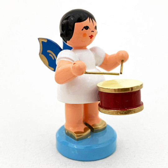 Wooden Angel Playing Drum Made in Erzgebirge Germany ~ Blue Wings