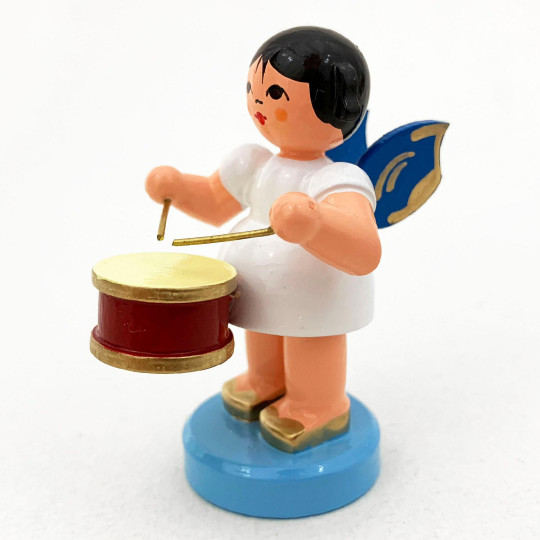 Wooden Angel Playing Drum Made in Erzgebirge Germany ~ Blue Wings