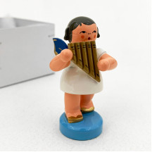 Wooden Angel Playing Panpipes Made in Erzgebirge Germany ~ Blue Wings
