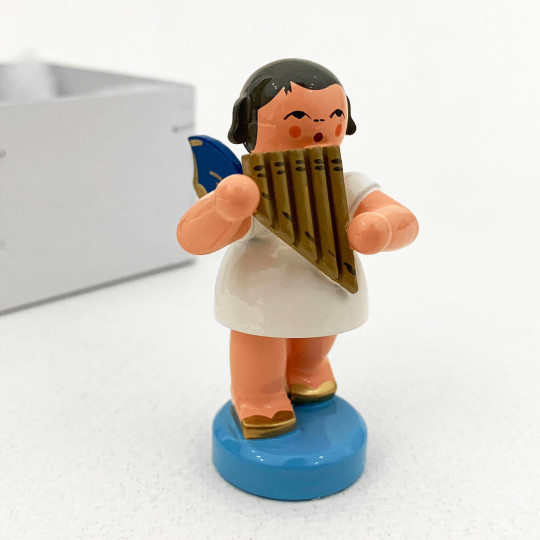 Wooden Angel Playing Panpipes Made in Erzgebirge Germany ~ Blue Wings