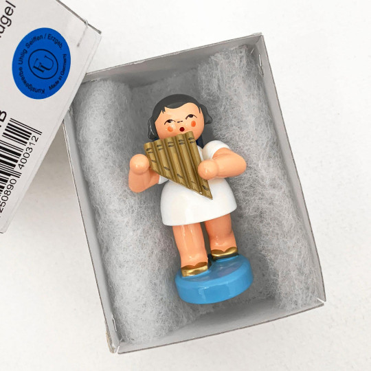 Wooden Angel Playing Panpipes Made in Erzgebirge Germany ~ Blue Wings