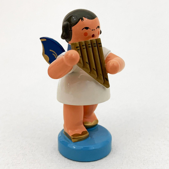 Wooden Angel Playing Panpipes Made in Erzgebirge Germany ~ Blue Wings