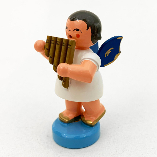 Wooden Angel Playing Panpipes Made in Erzgebirge Germany ~ Blue Wings
