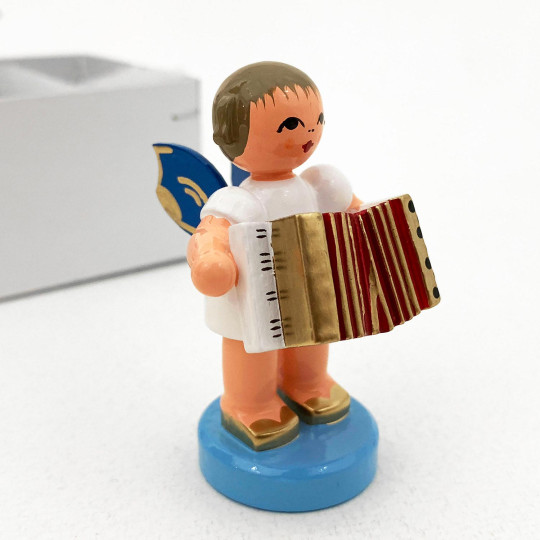 Wooden Angel with Accordion Made in Erzgebirge Germany ~ Blue Wings