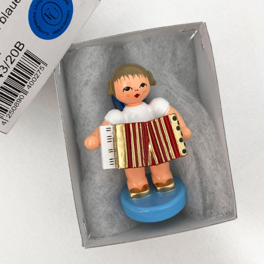Wooden Angel with Accordion Made in Erzgebirge Germany ~ Blue Wings