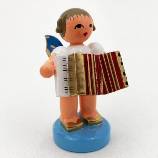 Wooden Angel with Accordion Made in Erzgebirge Germany ~ Blue Wings
