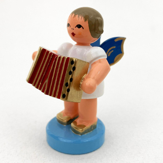 Wooden Angel with Accordion Made in Erzgebirge Germany ~ Blue Wings