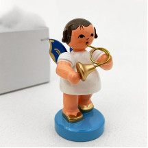 Wooden Angel with French Horn Made in Erzgebirge Germany ~ Blue Wings
