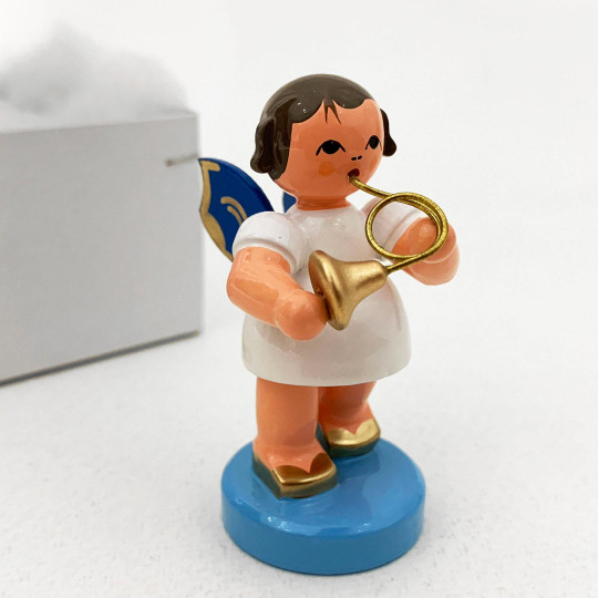 Wooden Angel with French Horn Made in Erzgebirge Germany ~ Blue Wings